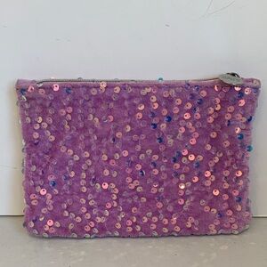 Ipsy Purple Sequined Fuzzy Zippered Storage Pouch